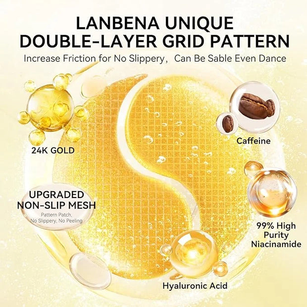LANBENA 24K Gold Under Eye Patches(30 Pairs) -Cooling Eye Masks for Fine Lines Reduce, with Caffeine Niacinamide Tetrapept...