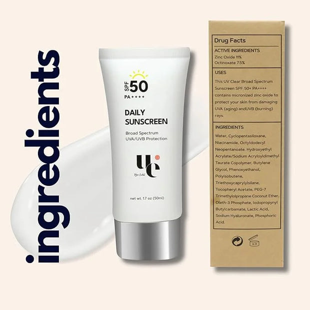 UV Clear SPF 50 Sunscreen with Zinc Oxide, UVA and UVB Protection, Broad Spectrum, Non-Greasy, No White- Cast, Soothing, W...