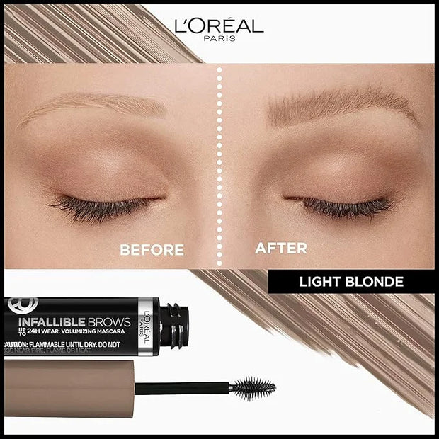 L'Oreal Paris Infallible Volumizing 24H Wear Brow Mascara, Long Lasting Eyebrow Makeup for 2X Fuller Eyebrows, 8.0 Light B...