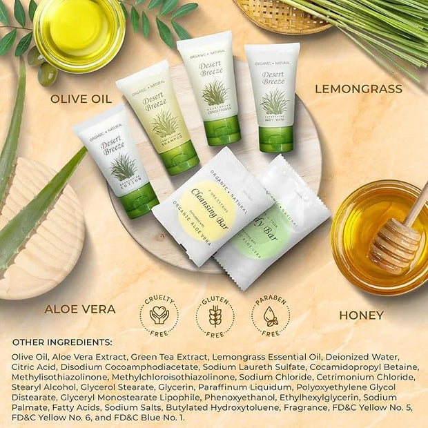 Desert Breeze Amenity & Accessory Kit | 1 oz Travel Size Shampoo, Conditioner, Lotion, Body Wash, Body Bar, Cleansing Bar,...