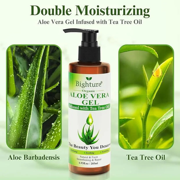 Organic Aloe Vera Gel with Tea Tree Oil for Face & Body, Freshly-cut Aloe Vera Gel Ideal for Skin, Scalp, & Hair Hydration...