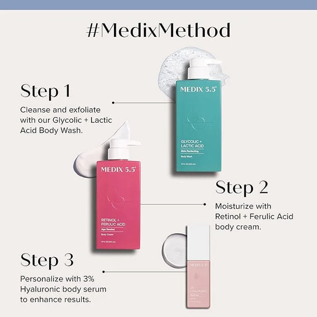 Medix 5.5 Anti Aging Skin Care 3PC Set | Retinol Body Cream + Exfoliating AHA Glycolic Acid Foaming Face Wash & Body Wash ...