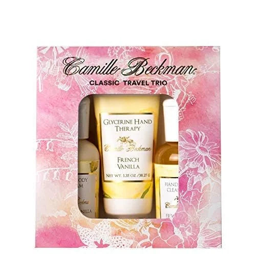 Camille Beckman Classic Collection Travel Trios, French Vanilla, Glycerine Hand Therapy 1.35 oz, Silky Body Cream 2 oz, Ha...