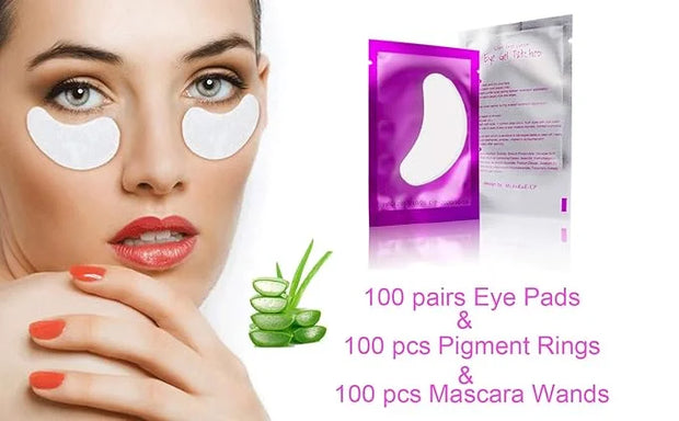 3x100 Packs Combination Set-Eye Pads for Lash Extensions & Eyelash Mascara Brushes Wands & Glue Rings Holder Eyelash Exten...