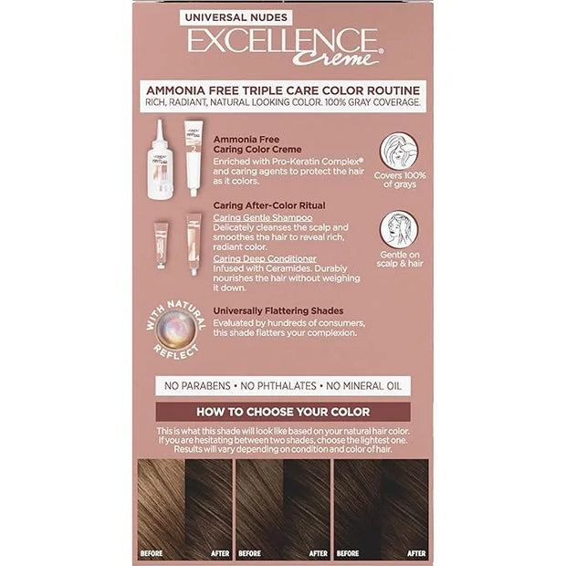 L’Oreal Paris Excellence Universal Nudes Permanent Hair Color, Ammonia Free Hair Dye for Gray Hair Coverage, 4N Natural Da...