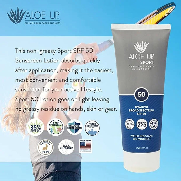 Aloe Up Sport Sunscreen Lotion SPF 50 - Broad Spectrum UVA/UVB Sunscreen Protector for Face and Body - With Hydrating Aloe...