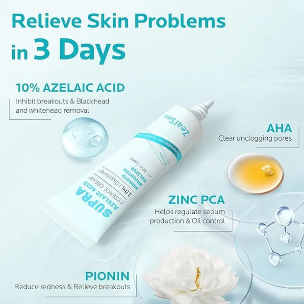 ZealSea 10% Azelaic Acid Facial Cream - Azelaic Acid Serum with AHA & Pionin for Face, Relief Pimple, Breakouts, Blackhead...