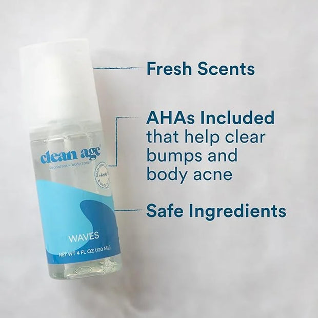 Aluminum Free Deodorant & Body Spray for Whole Body - Waves 4oz - Clean Deodorant and Body Spray for Teen Boys and Girls -...