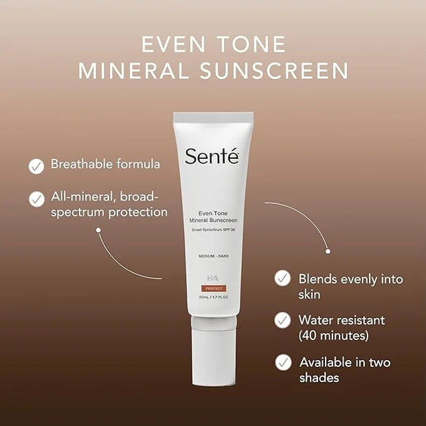 Senté Even Tone Mineral Sunscreen Tinted Broad-Spectrum Lotion - Medium-Dark SPF 36 - UVA/UVB Protection - 40-Min Water-Re...