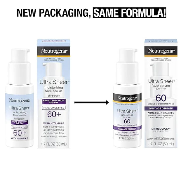 Neutrogena Ultra Sheer Moisturizing Face Serum with Vitamin E & SPF 60, All Day Facial Sunscreen Serum with Broad Spectrum...
