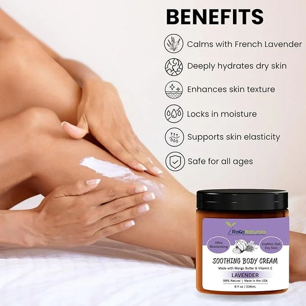 RaGaNaturals Natural Face and Body Butter Cream for Dry Skin - Calming, Nourishing & Hydrating Lavender Body Cream for Wom...