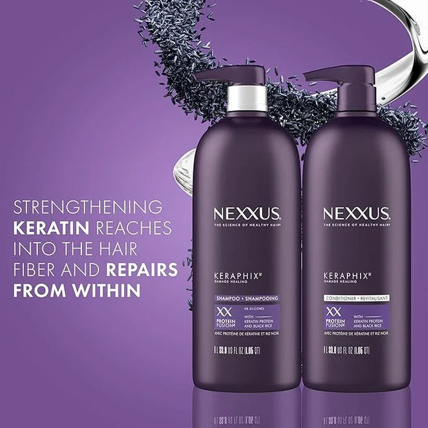 Nexxus Keraphix Shampoo and Conditioner - Damaged Hair Treatment System with Keratin Protein and Black Rice, 2 Count & 3 R...
