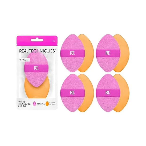 Real Techniques Miracle 2-In-1 Powder Puff 4 Pack, Dual-Sided, Full Size Makeup Blending Puff, Reversible Elastic Band, Ma...