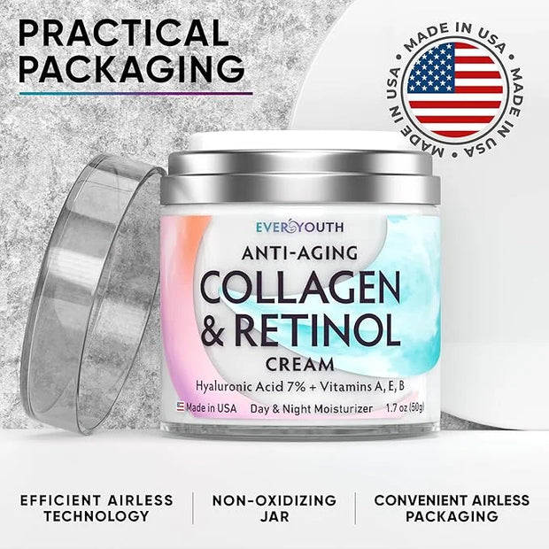 Collagen Cream for Face, Anti Aging Facial Moisturizer for Women with Hyaluronic Acid, Vitamin A, Vitamin E, Made in USA, ...
