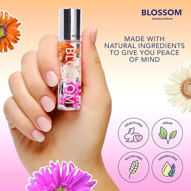 Blossom Roll on Lip Gloss, Scented Clear High Shine Moisturizing Lip Oil, Non Sticky, Infused with Real Flowers, Made in U...