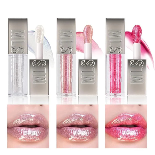 3 PCS High Shine Glitter LipGlossey,Diamond Glitter Lip Gloss Long Lasting Moisturizing Lip Gloss Non-sticky Glossy Glitte...