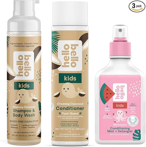 Hello Bello Creamy Coconut Shampoo and Body Wash 10 fl oz, Conditioner 10 Fl Oz, Watermelon Conditioning Mist and Detangle...
