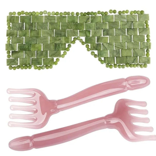 gemshan 3Pcs Jade Eye Mask and Scalp Massager Set Green Jade Stone Eye Mask Puffiness Esthetician Supplies Resin Gua Sha C...