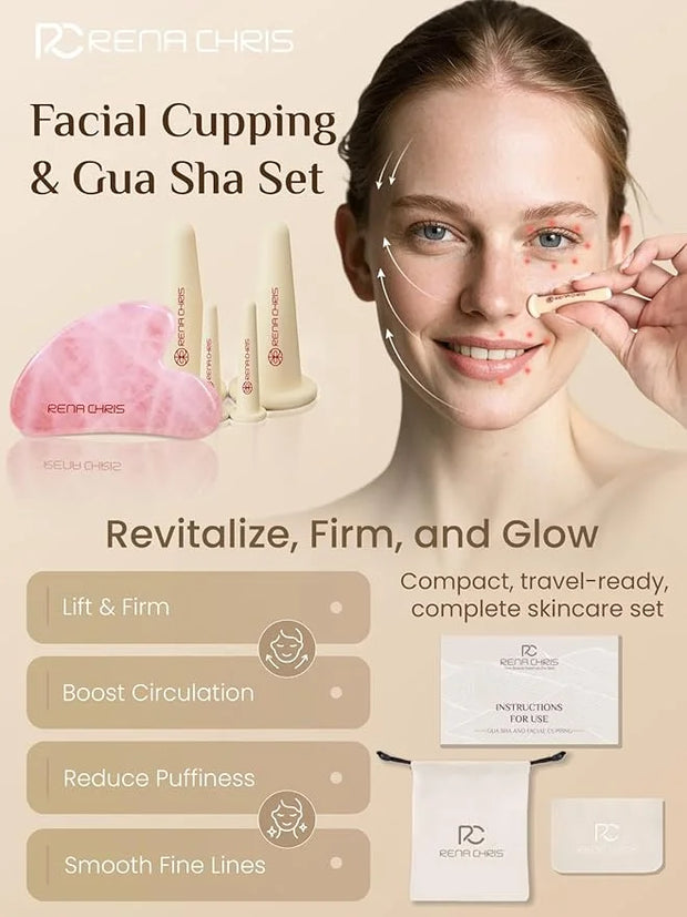 Rena Chris Facial Cupping Set & Gua Sha Facial Tool - Silicone Cupping Set & Rose Quartz Gua Sha Stone - Face Cupping Ther...