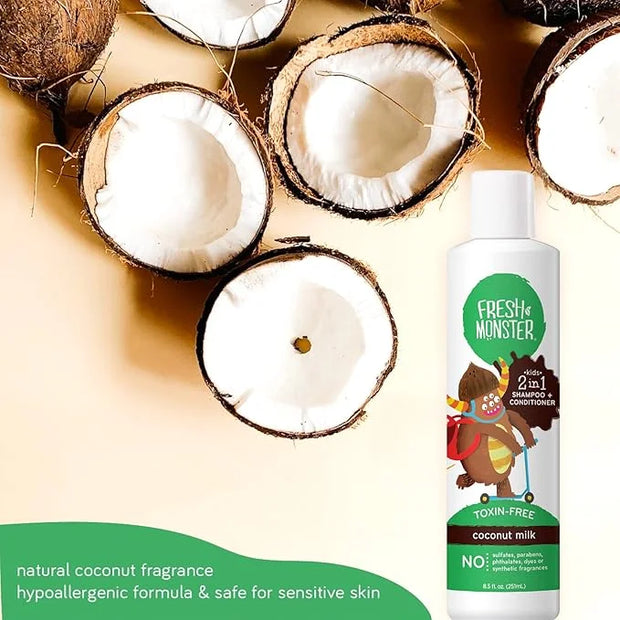 Fresh Monster 2-in-1 Kids Shampoo & Conditioner, Toxin-Free, Hypoallergenic, Tear-free Shampoo & Conditioner for Kids, Coc...
