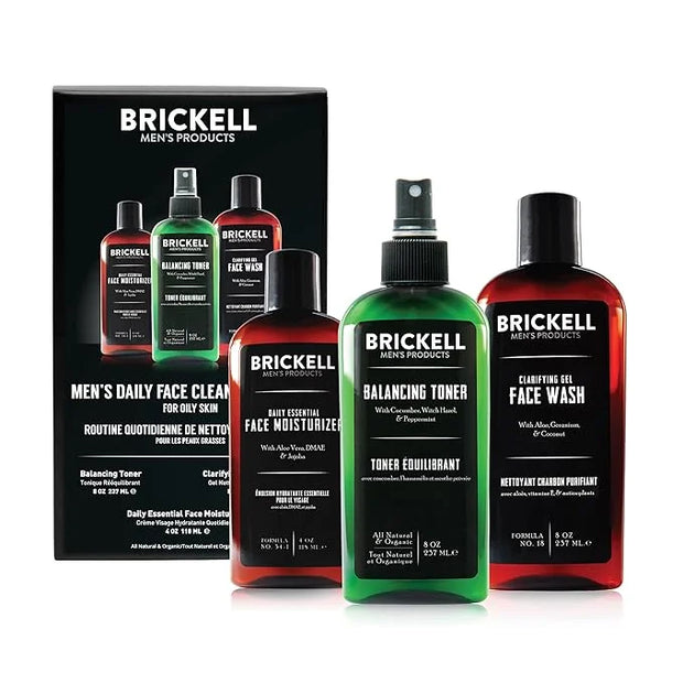 Brickell Men's Daily Face Cleanse Routine for Oily Skin, Alcohol Free Toner, Gel Facial Wash and Moisturizer, Natural and ...