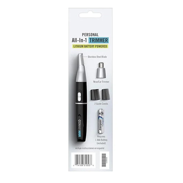 ConairMAN All-in-One Personal Trimmer for Men, for Nose, Ear, Eyebrows and Sideburns Hair Trimmer, 4 piece Men's Grooming ...