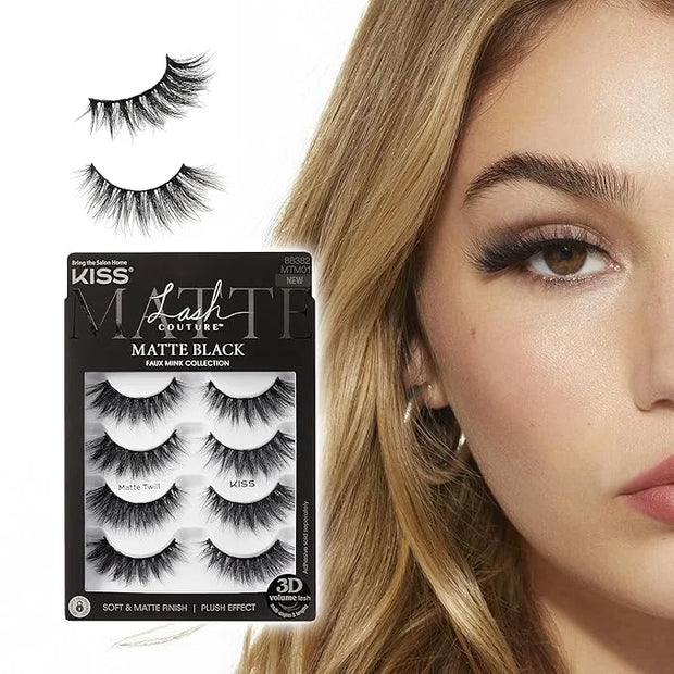 KISS Lash Couture Matte Black Faux Mink Eyelashes Multipack, Matte Twill, Black, Natural Looking, Cruelty-Free & Vegan, Ho...