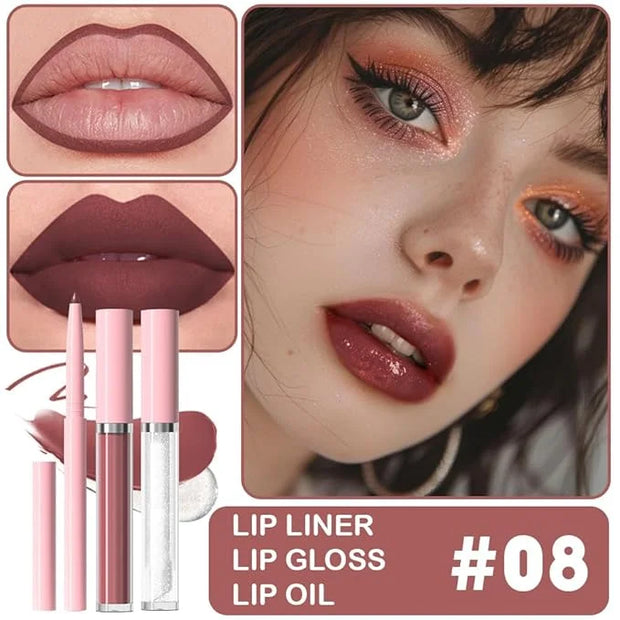 3-in-1Deep Burgundy Matte Lip Stain Kit | Waterproof Lip Liner + Hydrating Matte Lip Gloss + Nourishing Lip Oil | Long Las...