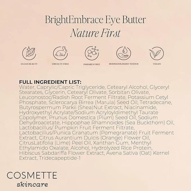 Cosmette Bright Embrace Vitamin B3 Eye Cream, Vegan Under Eye Butter for Protection & Hydration With Marula & Plum Oils, G...