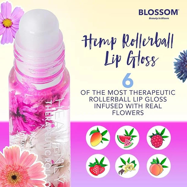 Blossom Roll on Lip Gloss, Scented Clear High Shine Moisturizing Lip Oil, Non Sticky, Infused with Real Flowers, Made in U...