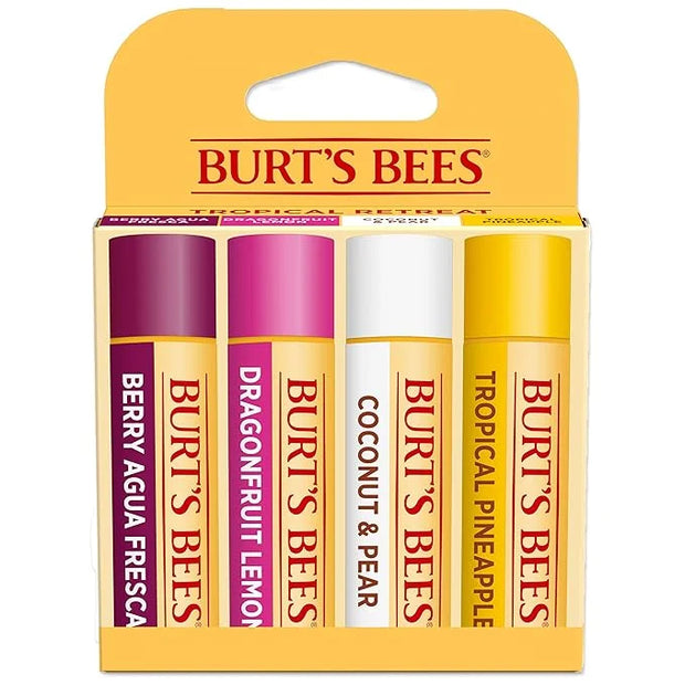 Burt's Bees Lip Balm - Berry Agua Fresca, Dragonfruit Lemon, Coconut & Pear, Tropical Pineapple Pack, With Beeswax, Tint-F...
