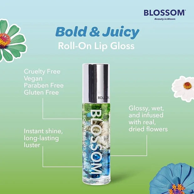 Blossom Roll on Lip Gloss, Scented Clear High Shine Moisturizing Lip Oil, Non Sticky, Infused with Real Flowers, Made in U...