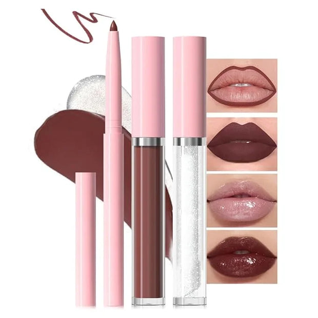 3-in-1Light Nude Matte Lip Stain Kit | Waterproof Lip Liner + Hydrating Matte Lip Gloss + Nourishing Lip Oil | Long Lastin...