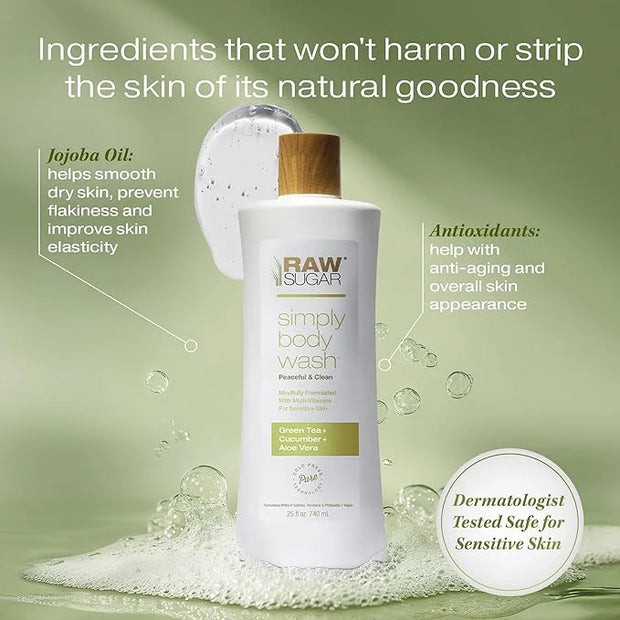 RAW SUGAR Sensitive Skin Simply Body Wash - Green Tea + Cucumber + Aloe Vera, Moisturizing & Brightening Bath & Shower Gel...