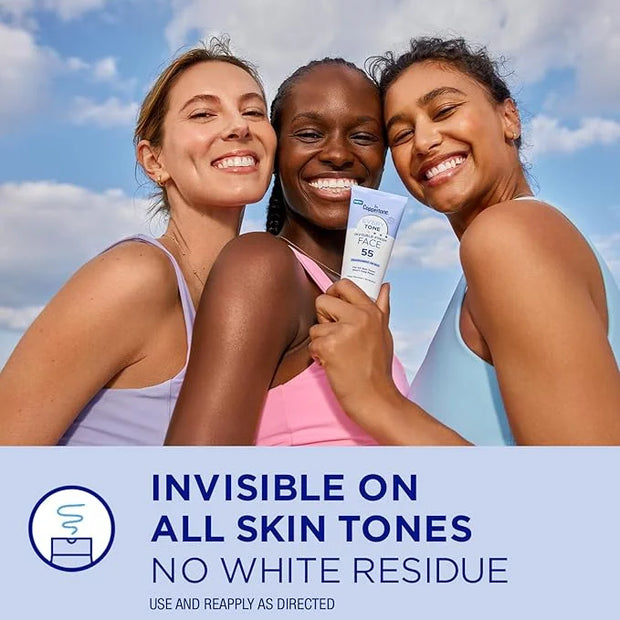Coppertone Every Tone Invisible Finish Face Sunscreen Lotion SPF 55, Lightweight, Blends in Clear Sunscreen for All Skin T...