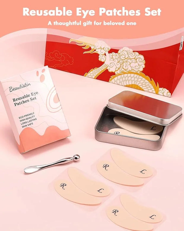 4 Pairs Reusable Under Eye Wrinkle Patches Silicone Mask, Plump Fine Lines & Wrinkles, with Metal Eye Cream Applicator, Ti...