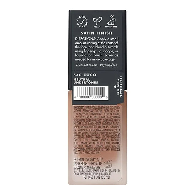 e.l.f. Flawless Satin Foundation, Lightweight & Medium Coverage, Semi-Matte Finish, Vegan & Cruelty-Free, Coco, 0.68 Fl Oz...
