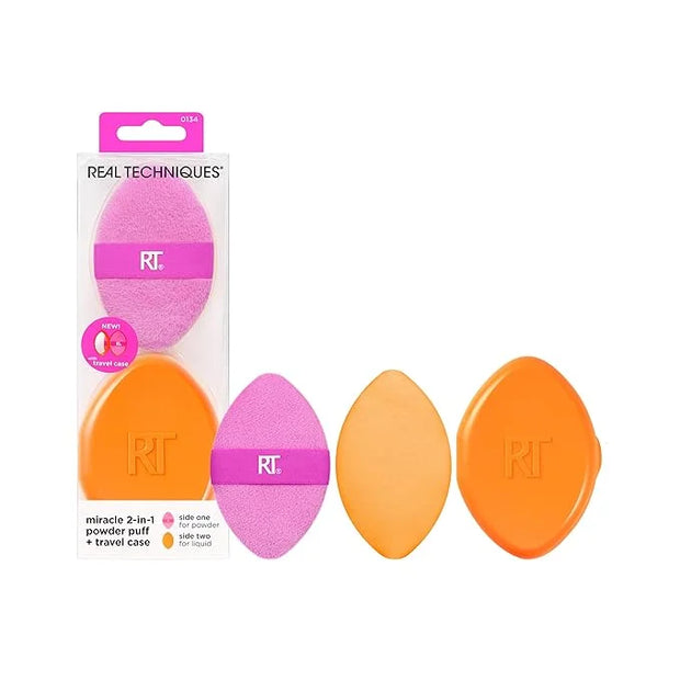Real Techniques Miracle 2-In-1 Powder Puff + Travel Case, Dual-Sided Makeup Blending Puff, Elastic Band, Precision Makeup ...