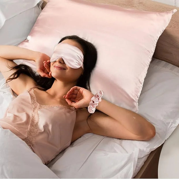2 Pack Satin Pillowcase with Latent Zipper, Adjustable Satin Eye Mask for Sleeping and Satin Volume Scrunchie for Hair and...