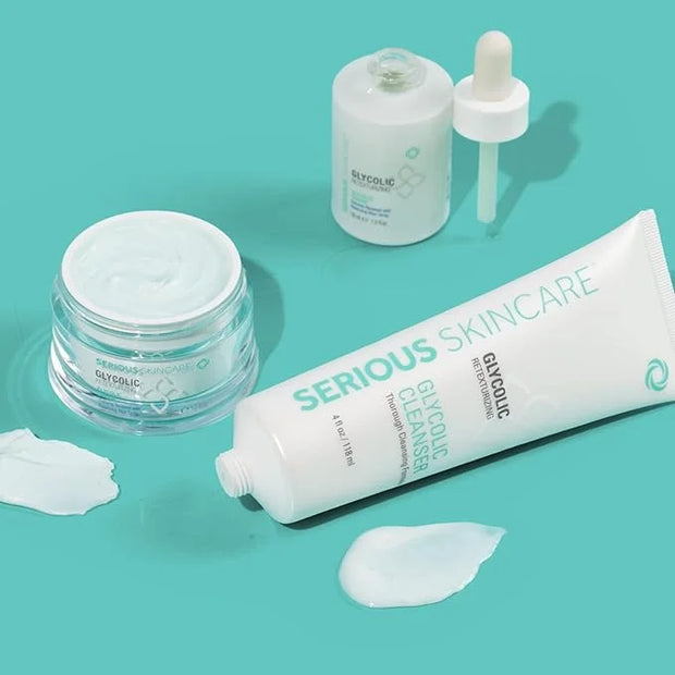 Serious Skincare Glycolic Skin Renewal Set - Retexturizing Serum - Facial Moisture Cream - Face Wash Cleanser - Balancing ...