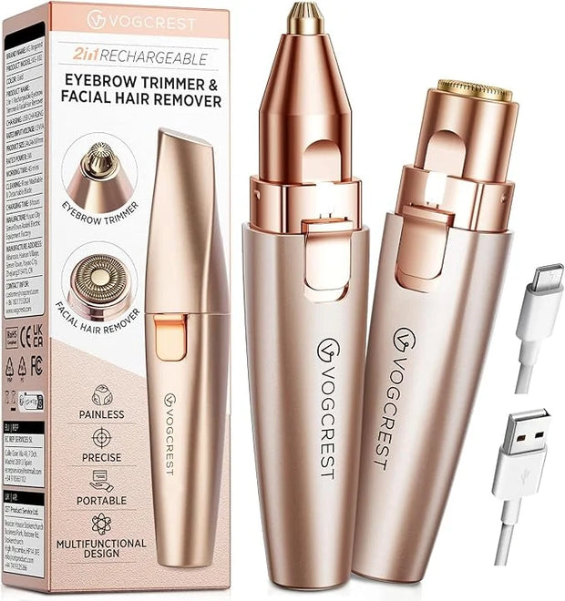 Eyebrow & Facial Trimmer: 2 in1 Rechargeable Facial Hair Removal & Eyebrow Shaver - Body Razor with Built-in LED Light (Ro...