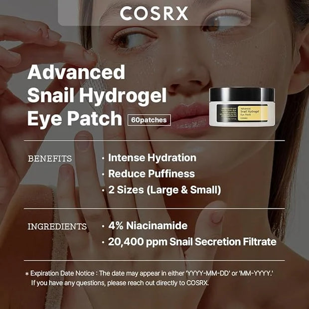 COSRX Advanced Snail Hydrogel Eye Patch (60pc), Gel Serum Mask, Puffy Undereye Treament, Fine Lines, Refresh, Hydrate| Par...