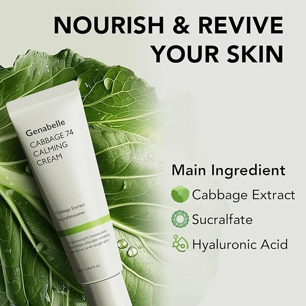 Cabbage 74 Calming Cream - Lightweight Watery-Type Moisturizer with CICA, Sucralfate, Hyaluronic Acid, Helps Instantly Cal...