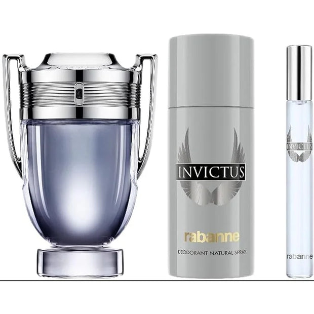 Paco Rabanne Invictus 3-Piece Gift Set for Men, (3.4 Oz Eau De Toilette Spray + 5.0 Oz Deodorant spray + 0.33 Oz Travel Sp...
