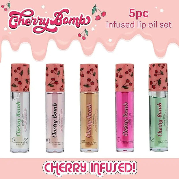 5pc Lip Oil Set - Cherry Bomb Lip Oils, Lip Healing Cherry Infused Lip Oil Collection with Precision Applicator Wand Every...