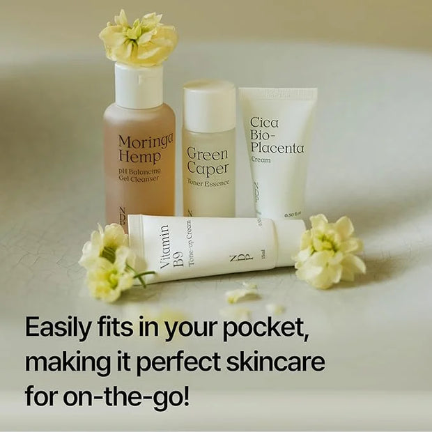 Travel Kit - Mini Travel Size Skincare Essentials - Moringa Hemp Gel Cleanser, Green Caper Toner Essence, Cica Bio-Placent...
