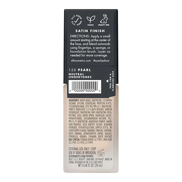 e.l.f. Flawless Satin Foundation, Lightweight & Medium Coverage, Semi-Matte Finish, Vegan & Cruelty-Free, Pearl, 0.68 Fl O...