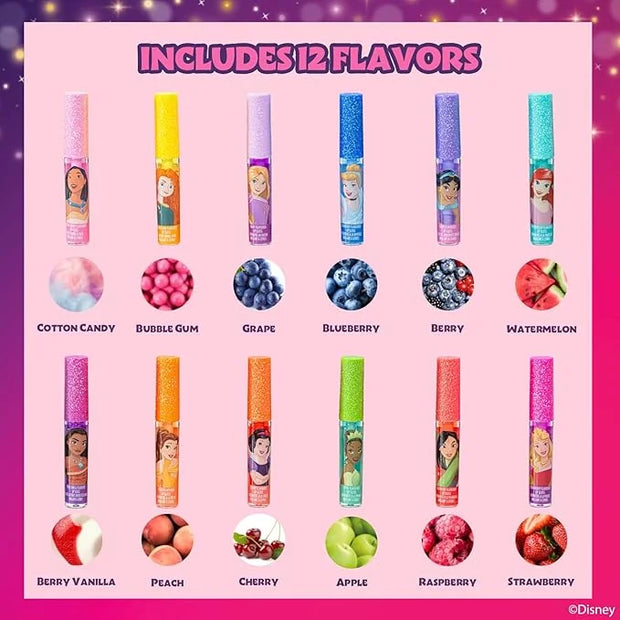 Disney Princess 12 Piece Plant Based Lip Gloss, Girls Party Favors, First Makeup Set for Girl, Perfect for Parties, Sleepo...