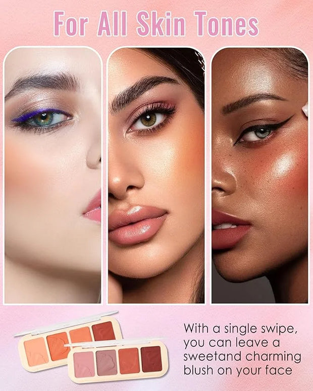 Matte Face Blush Palette Kit with Brush-4 Colors Pink Purple Orange Silky Mineral Blendable Blusher Contour Powder for Che...