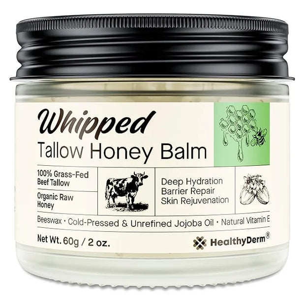 Beef Tallow Honey Balm for Skin: 100% Grass Fed Whipped Organic Moisturizer with Organic Raw Honey, Jojoba Oil, Vitamin E ...